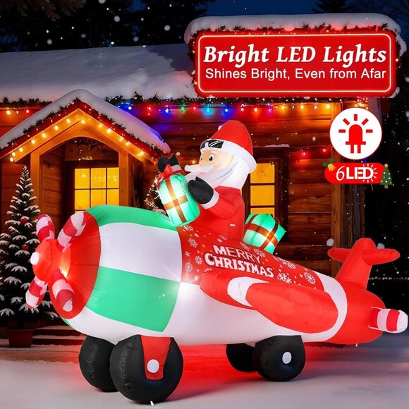⚡9FT Christmas Inflatable Santa Airplane Built-in LED Light Outdoor Decoration - Picture 3 of 7